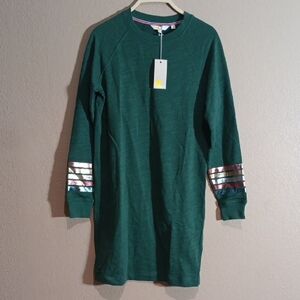 Boden Green Crewneck Sweatshirt Dress with Metallic Cuff Stripes